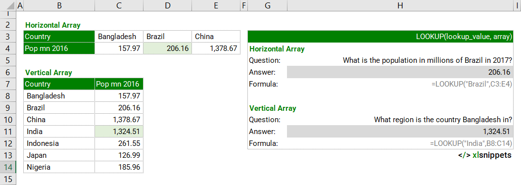 Use the LOOKUP function to look in the first row or column of an array and return a value from the same position in the last row or column of the array.