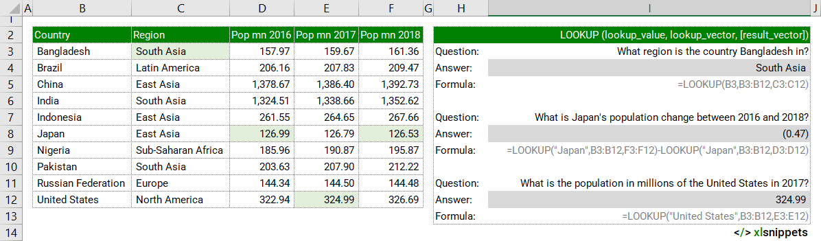 Use the LOOKUP function to look in a single row or column and find a value from the same position in a second row or column.